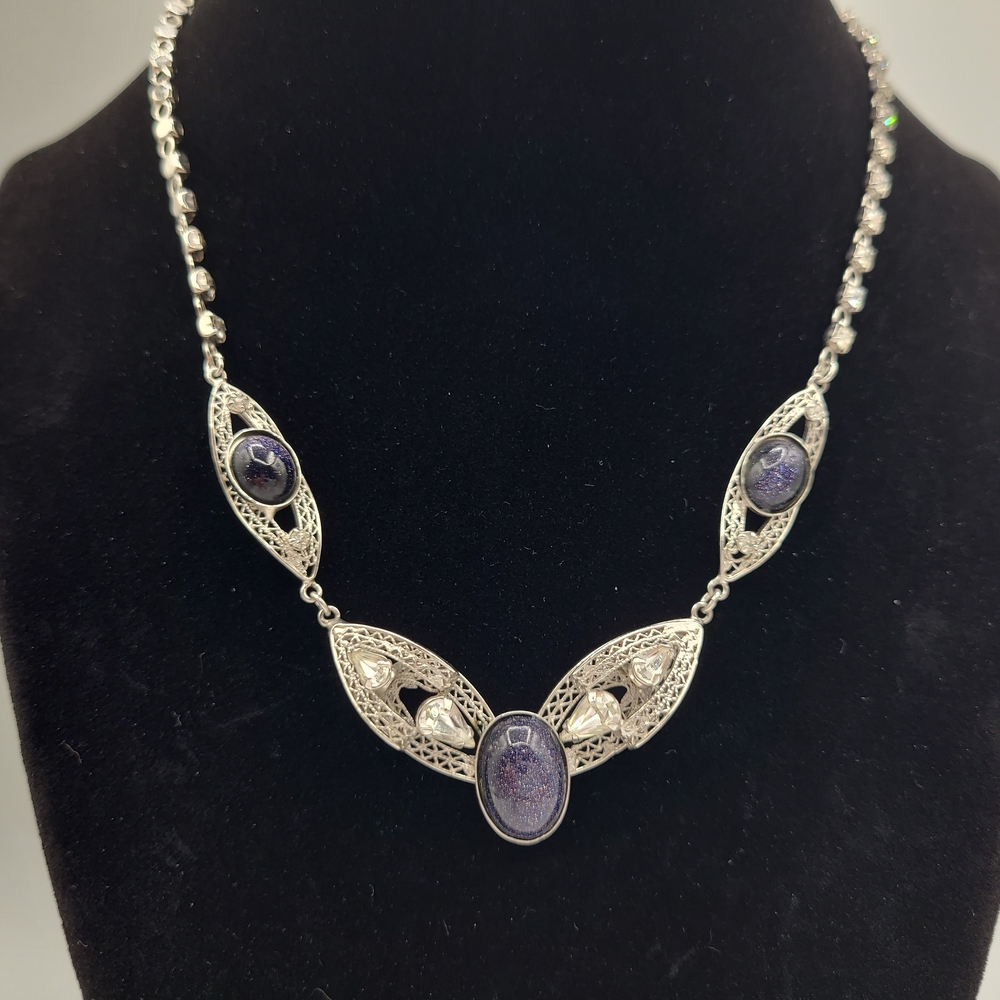 Vintage Silver Tone Filigree Purple Stone Statement Necklace